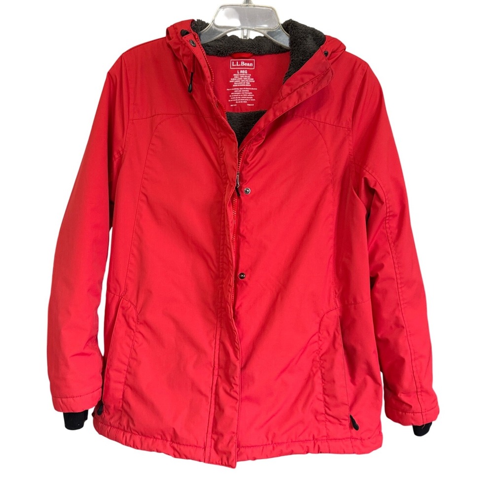 LL Bean Womens Warmer Jacket Red Fleece Lined Hooded Misses L Regular Gorpcore